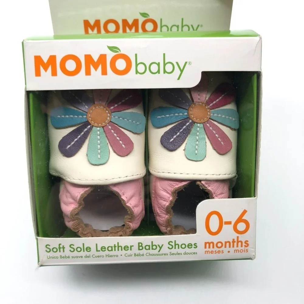 Momo Baby Girls Shoes Soft Sole Leather Floral Slip On Pink White 0-6 Months